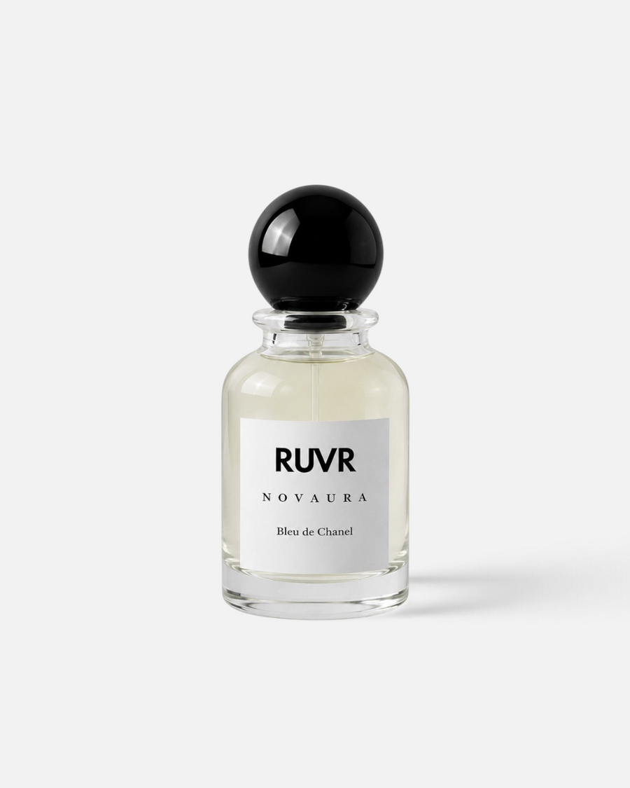 RUVR NOVAURA Bleu de Chanel 55ml eau de parfum in a clear glass bottle with a round black cap