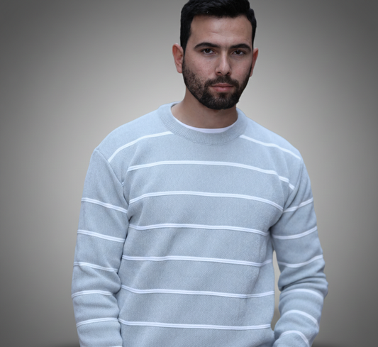 RUVR men's classic striped knit sweater showcasing quality fabric and craftsmanship