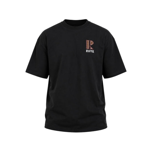 Crest Tee by RUVR – oversized black tee with rust tone embroidered logo
