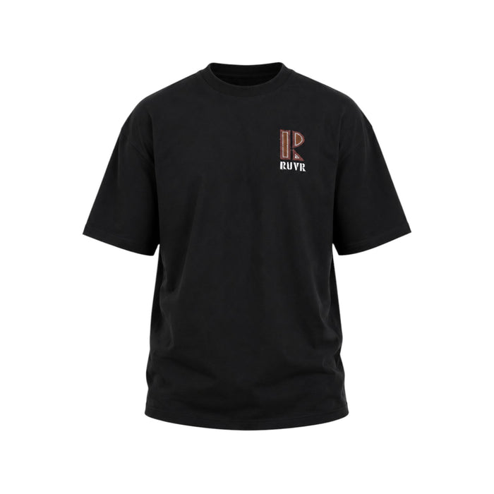 Crest Tee by RUVR – oversized black tee with rust tone embroidered logo