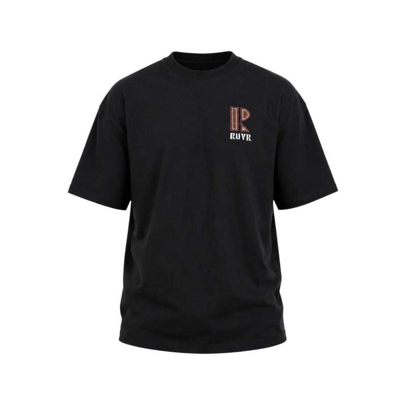 Crest Tee by RUVR – oversized black tee with rust tone embroidered logo