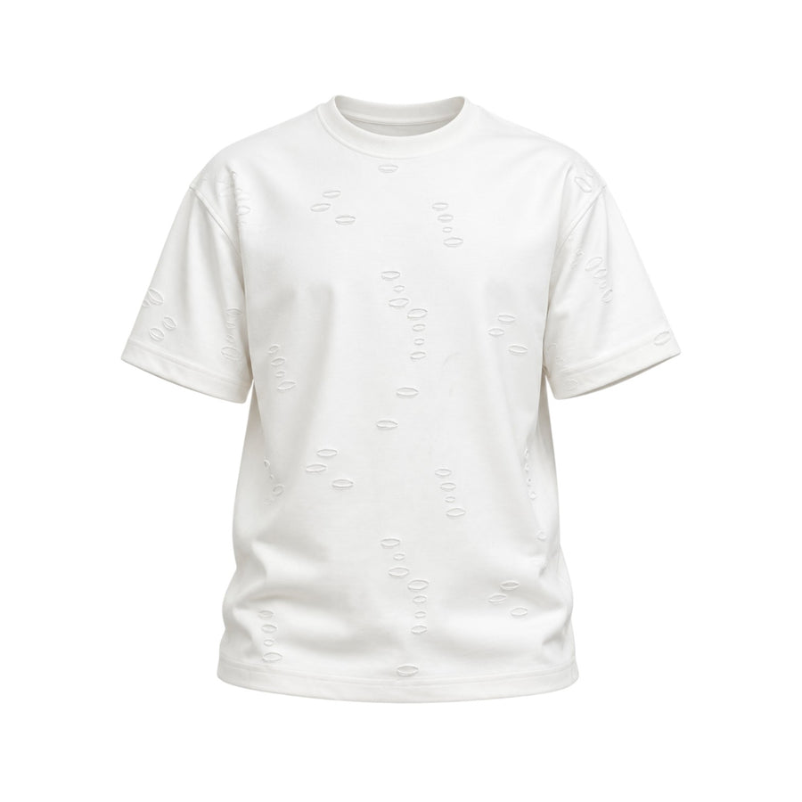 Void Tee by RUVR – oversized heavyweight tee with tone-on-tone distressed cutouts in White