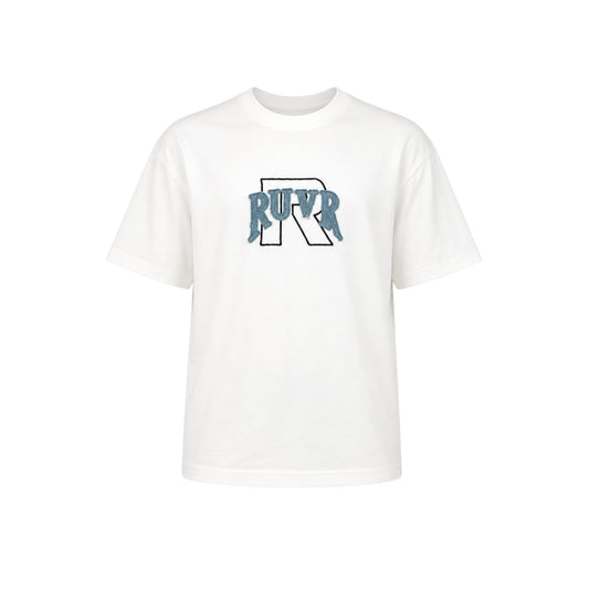 Stamp Tee by RUVR – oversized white tee with RUVR chenille logo graphic