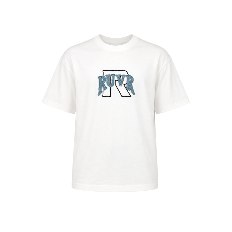 Stamp Tee by RUVR – oversized white tee with RUVR chenille logo graphic