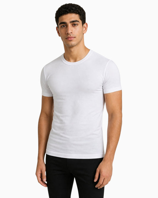 RUVR Base Undershirt in white, a fitted crew neck short sleeve shirt worn by a man against a white background