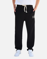 RUVR black heavyweight fleece sweatpants with a woven label patch and Japanese-script drawstring detail.