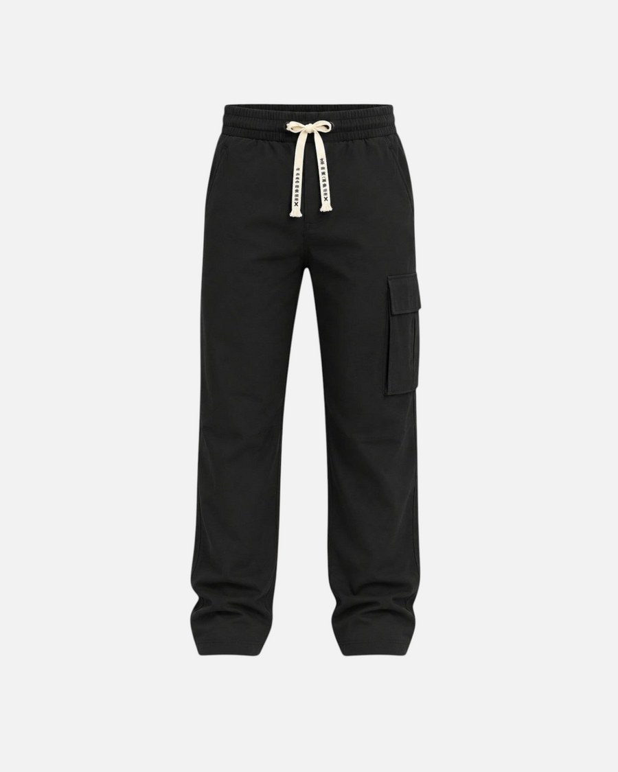 RUVR black wide-leg Field Cargo Pant with elasticated waistband, cream drawstring, and structured thigh pocket.