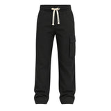 RUVR black wide-leg cargo pants with an elasticated waistband, cream drawstring, and a single side cargo pocket.