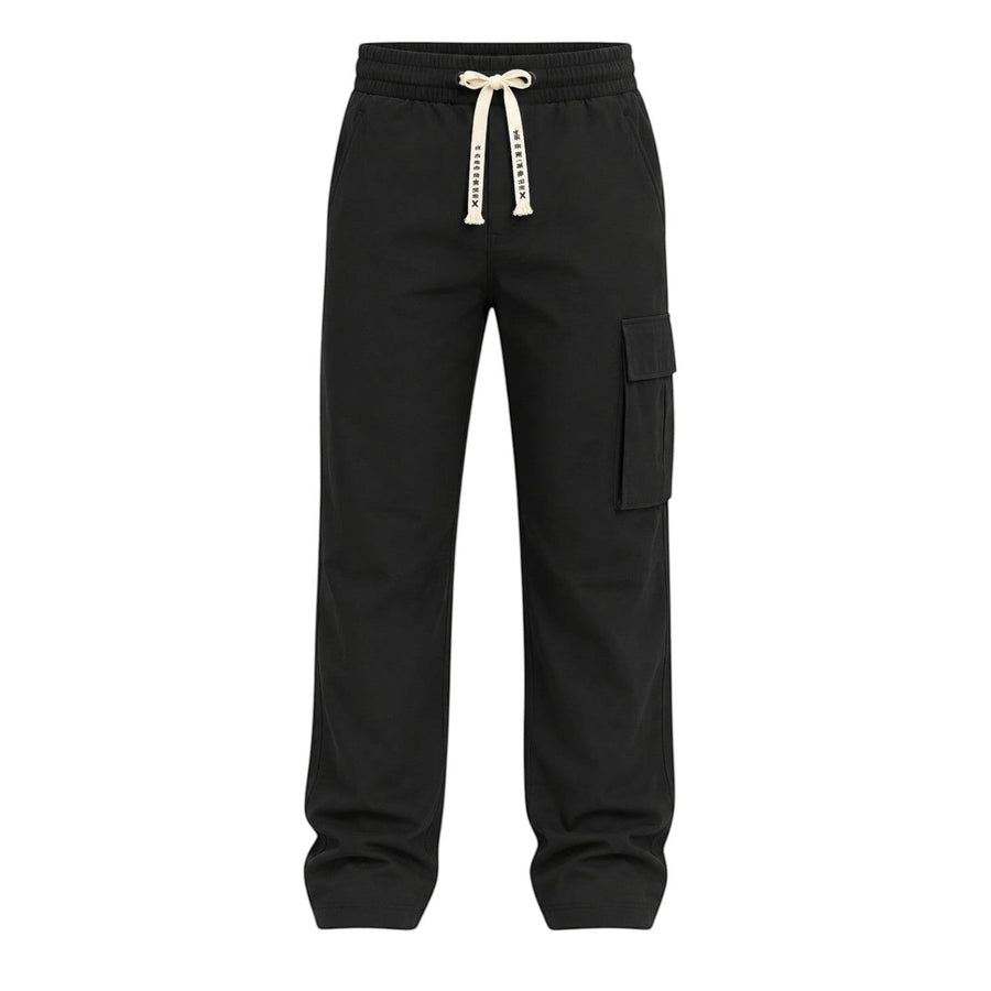 RUVR black wide-leg cargo pants with an elasticated waistband, cream drawstring, and a single side cargo pocket.