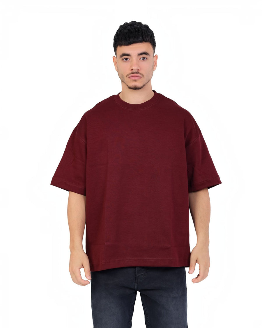 RUVR Palette Tee in burgundy, an oversized heavyweight cotton t-shirt with a relaxed fit and dropped shoulders.