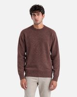 RUVR knit pullover in burgundy with a ribbed crew neck, cuffs, and hem worn by a male model.