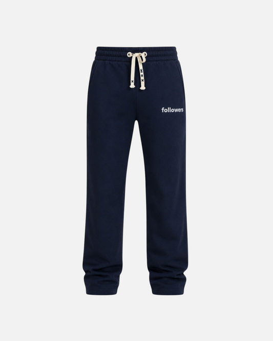 RUVR Crowd sweatpants in navy heavyweight fleece with a cream drawstring and embroidered followers graphic