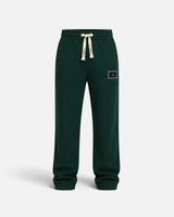 RUVR dark green heavyweight fleece sweatpants with a woven label patch and Japanese-script drawstring detail.
