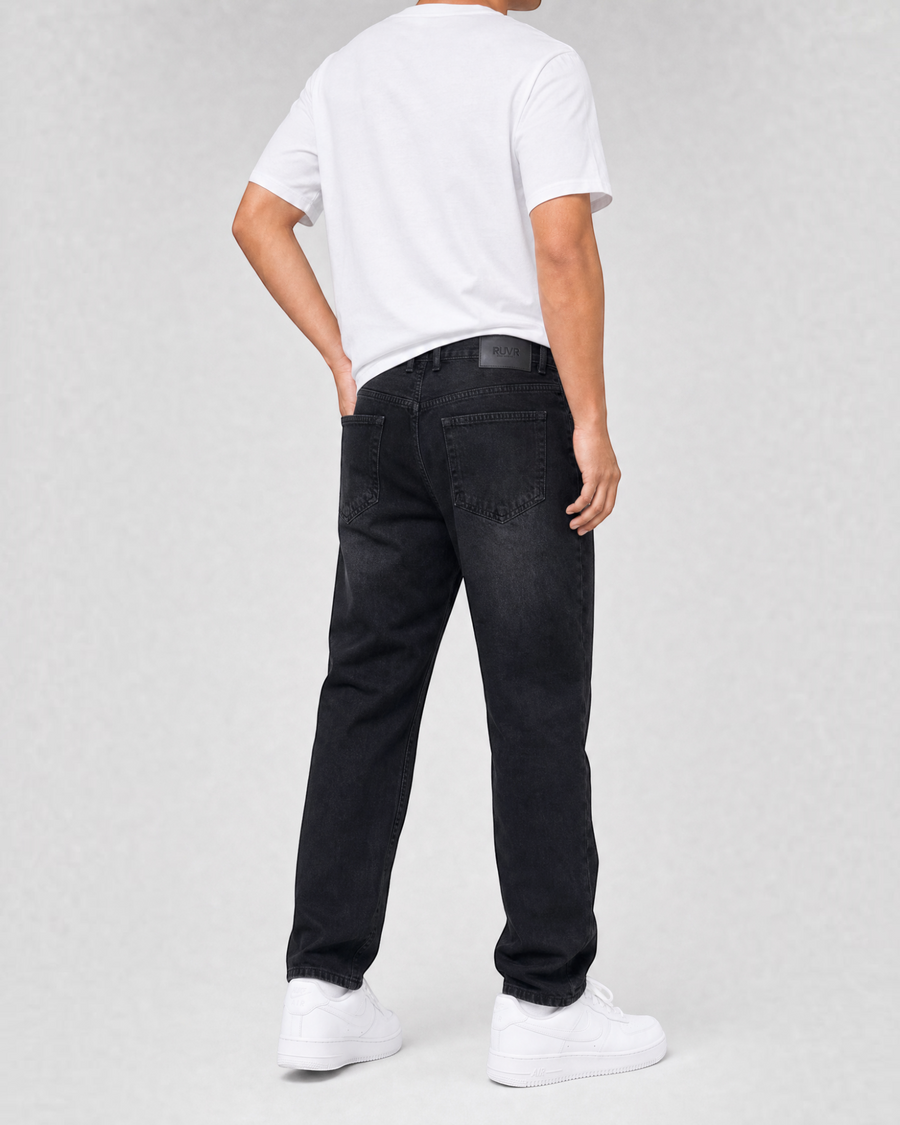 RUVR Ease Relaxed Fit Denim jeans in black with a straight leg, tapered ankle, and classic 5-pocket construction.