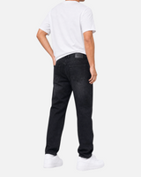 RUVR Ease Relaxed Fit Denim jeans in black with a tapered leg and 5-pocket construction, worn by a man from behind.
