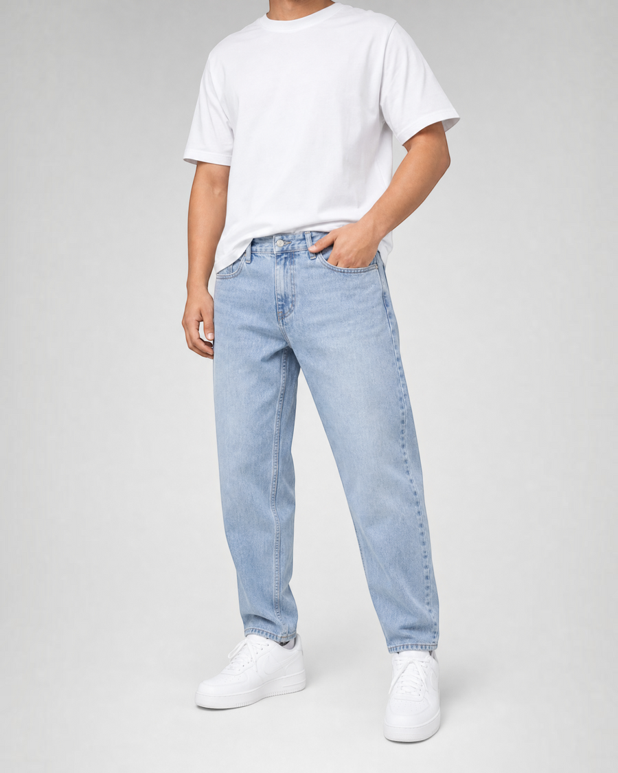 RUVR Ease relaxed fit denim jeans in sky blue with a straight tapered leg and classic five-pocket construction.