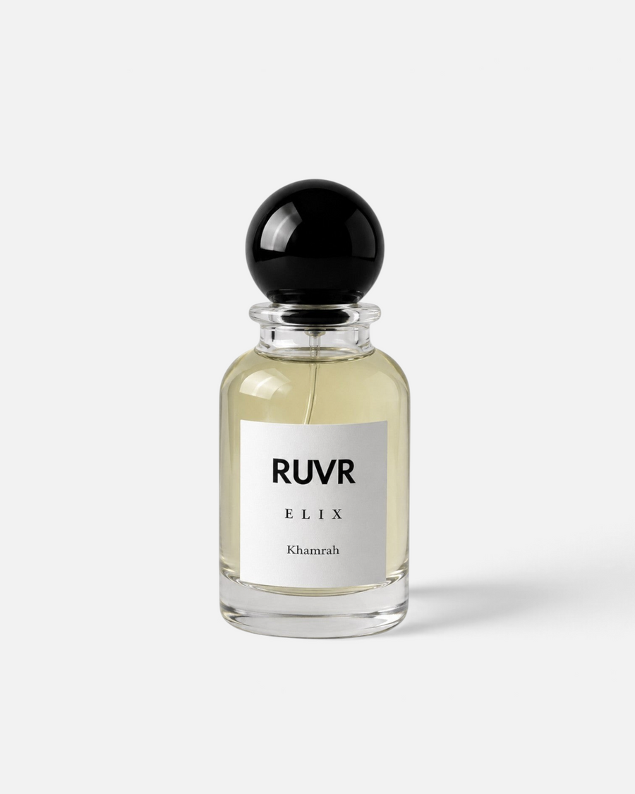 RUVR ELIX Khamrah 55ml oriental woody eau de parfum in a clear glass bottle with a round black cap
