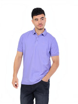A model wearing a RUVR Essential Polo in light purple cotton piqué with a tonal embossed emblem and three-button placket