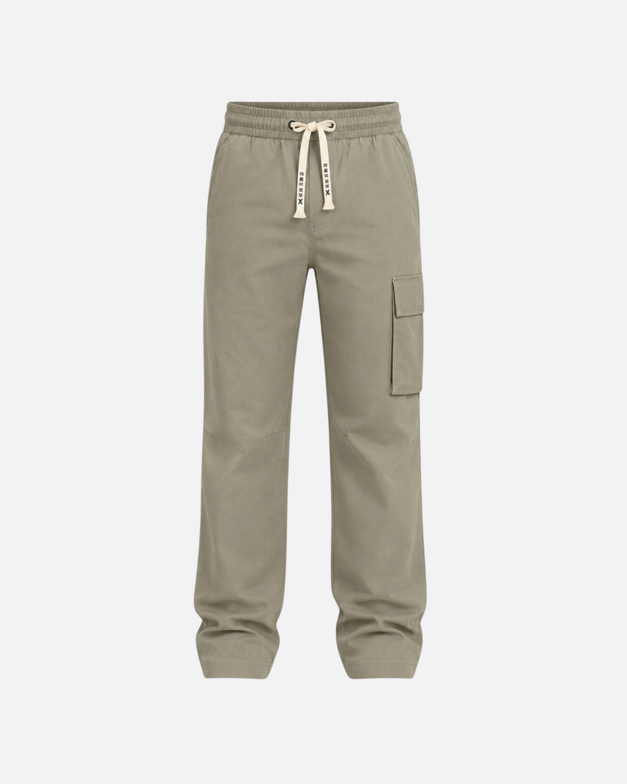 RUVR Field Cargo Pant in olive green with a wide-leg fit, elasticated drawstring waist, and side cargo pocket.