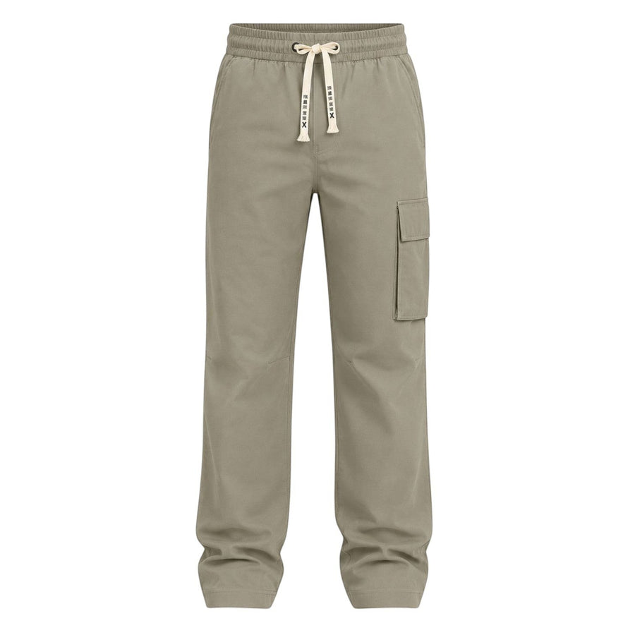RUVR Field Cargo Pant in olive green with a wide-leg fit, elasticated waistband, cream drawstring, and cargo pocket.