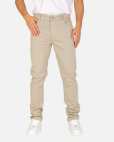 RUVR Grain Denim straight-fit jeans in beige heavyweight cotton twill with five-pocket construction on a male model.