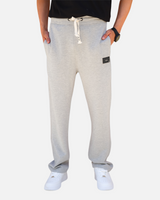 RUVR grey heavyweight fleece sweatpants with a woven label patch, elasticated waistband, and Japanese-script drawstring