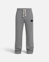RUVR grey heavyweight fleece sweatpants with a woven label patch, elasticated waistband, and Japanese-script drawstring