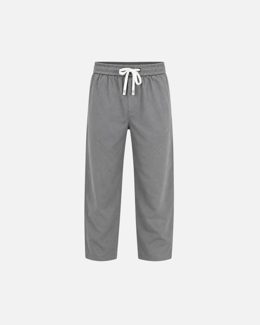 RUVR Urban Utility Pants in grey with an elastic drawstring waistband and a relaxed modern fit.