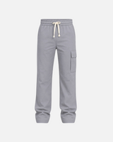 RUVR Field Cargo Pant in grey with a wide-leg fit, elasticated drawstring waist, and structured side cargo pocket.