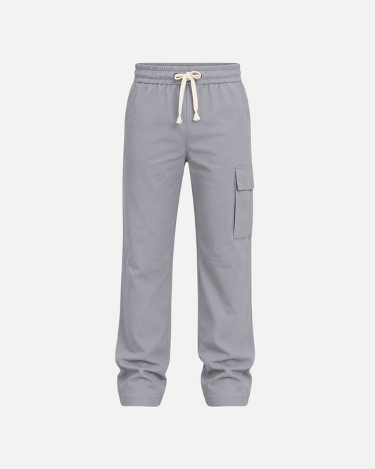 RUVR Field Cargo Pant in grey with a wide-leg fit, elasticated drawstring waist, and structured side cargo pocket.