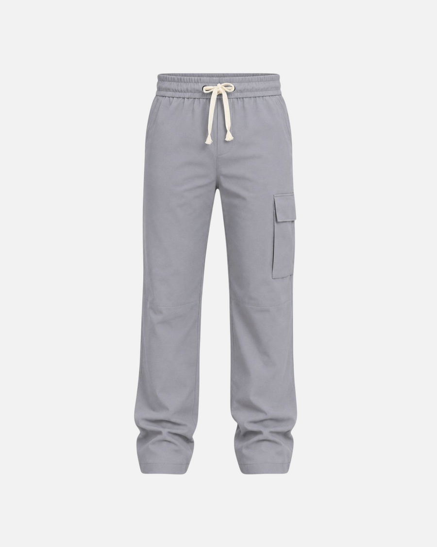 RUVR Field Cargo Pant in grey with a wide-leg fit, elasticated drawstring waist, and structured side cargo pocket.