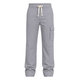 RUVR grey wide-leg cargo pants with an elasticated waistband, cream drawstring, and a structured thigh pocket.