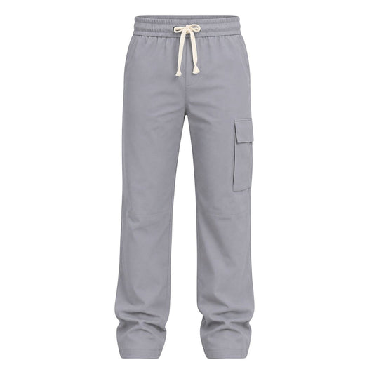 RUVR grey wide-leg cargo pants with an elasticated waistband, cream drawstring, and a structured thigh pocket.