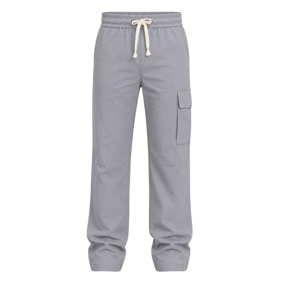 RUVR grey wide-leg cargo pants with an elasticated waistband, cream drawstring, and a structured thigh pocket.