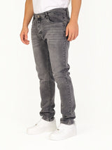 RUVR Haze Denim straight-leg jeans in a grey stonewash finish with five-pocket construction on a male model
