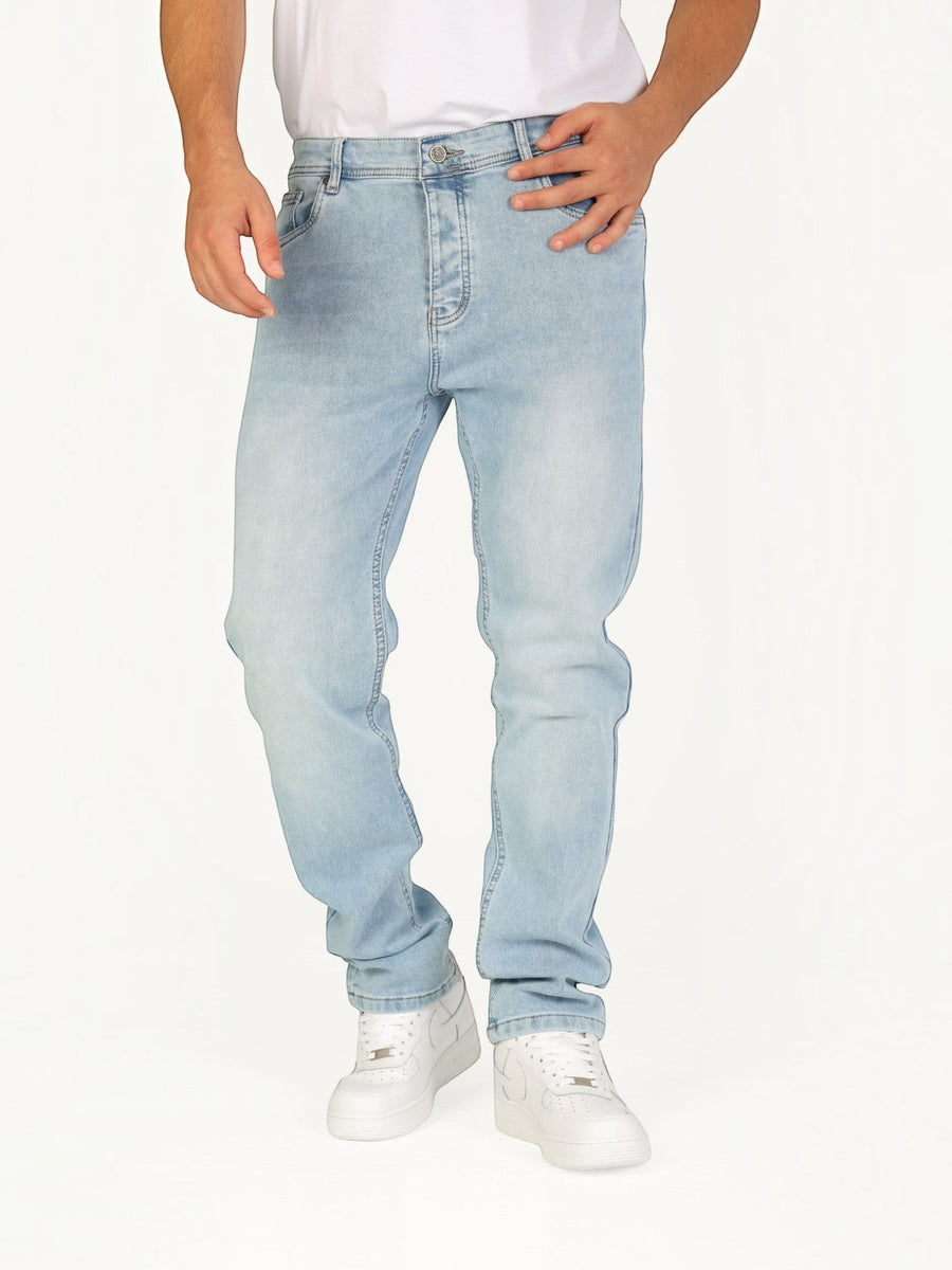 RUVR Haze Denim straight-leg jeans in light stonewash cotton with five-pocket construction and tonal stitching