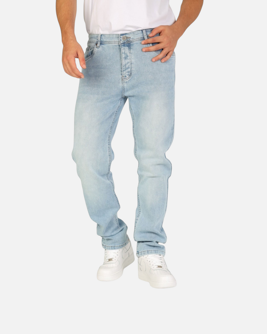 RUVR Haze Denim straight-leg jeans in light stonewash cotton with five-pocket construction and tonal stitching