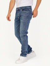 RUVR Haze Denim straight-leg jeans in stonewash blue heavyweight cotton with five-pocket styling on a male model