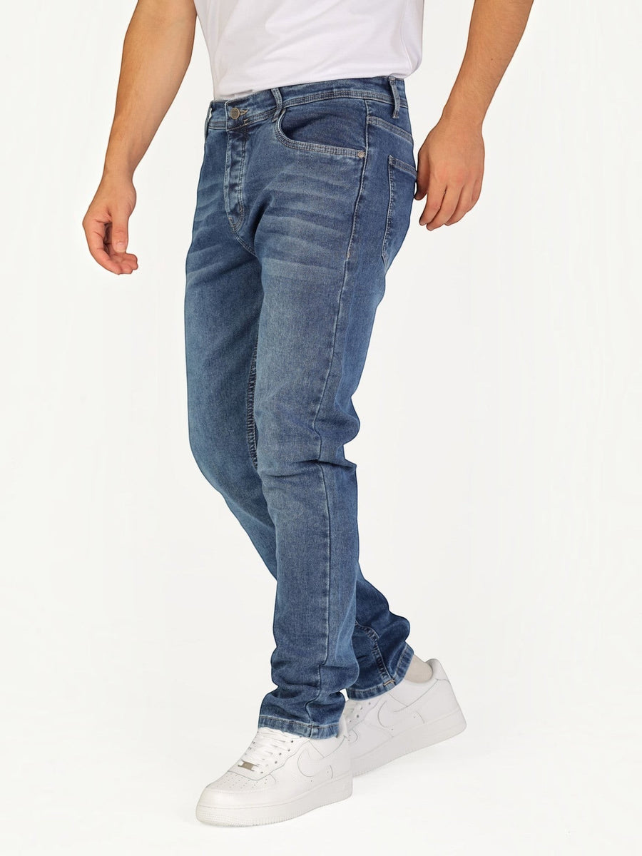 RUVR Haze Denim straight-leg jeans in stonewash blue heavyweight cotton with five-pocket styling on a male model