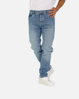 RUVR Haze Denim straight-leg jeans in a light stonewash blue cotton with five-pocket styling and tonal stitching.