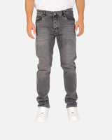 RUVR Haze Denim straight-leg jeans in a grey stonewash finish with five-pocket construction on a model