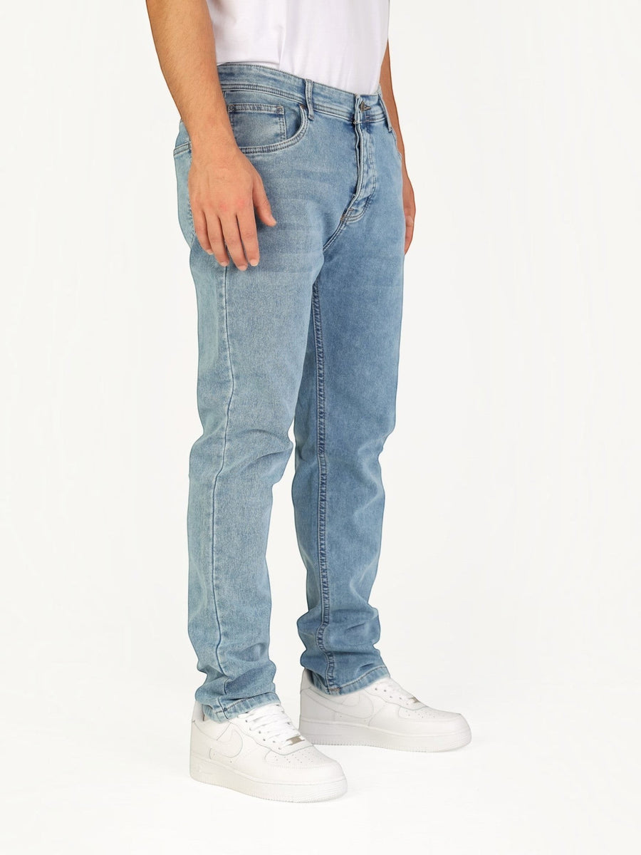 RUVR Haze Denim straight-leg jeans in light stonewash blue heavyweight cotton with five-pocket construction.