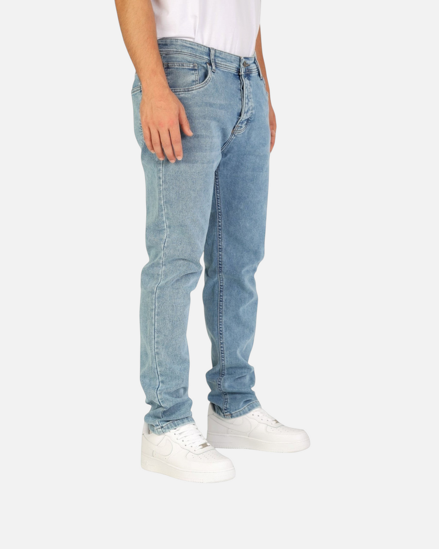 RUVR Haze Denim straight-leg jeans in light stonewash blue heavyweight cotton with five-pocket construction.