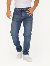 RUVR Haze Denim straight-leg jeans in a stonewash blue finish with five-pocket construction and tonal stitching.