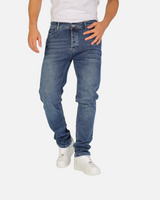 RUVR Haze Denim straight-leg jeans in a stonewash blue finish with five-pocket construction and tonal stitching.