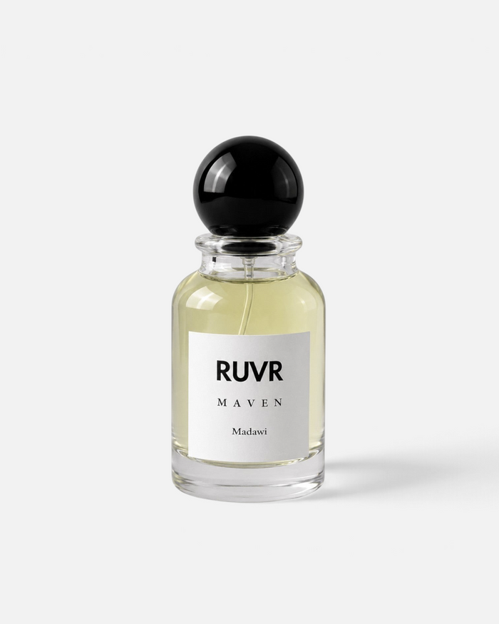RUVR MAVEN Madawi 55ml eau de parfum in a clear glass bottle with a round black cap against a white background.