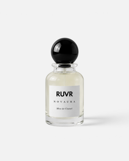 RUVR NOVAURA Bleu de Chanel 55ml eau de parfum in a clear glass bottle with a round black cap