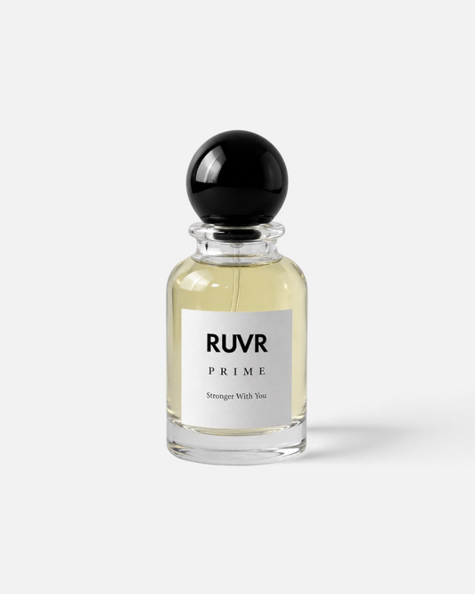 RUVR PRIME Stronger With You 55ml eau de parfum in a clear glass bottle with a round black cap