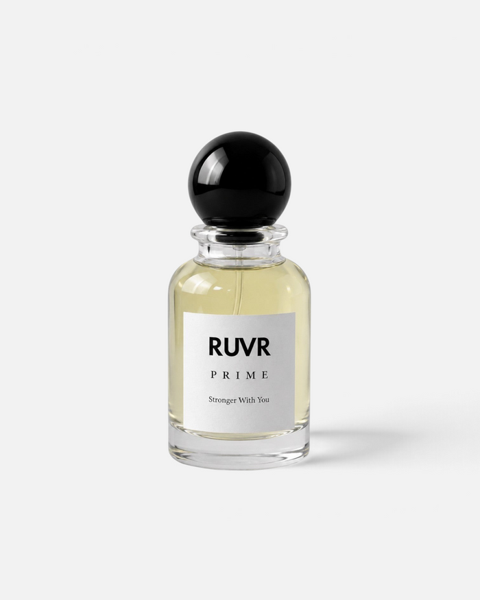 RUVR PRIME Stronger With You 55ml eau de parfum in a clear glass bottle with a round black cap