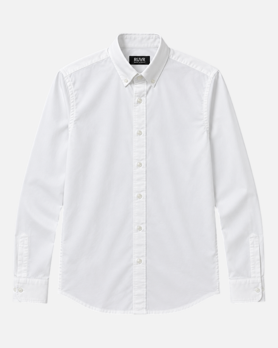RUVR white long-sleeve button-down Press Shirt with a structured tailored fit and classic collar